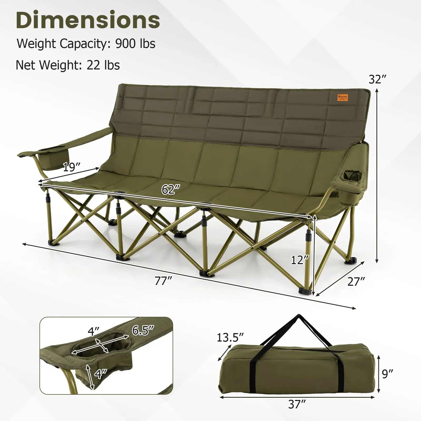 Oversized 3 Person Folding Camping Chair, 900 LBS Capacity Heavy Duty Padded Armchair with Adjustable Armrests & Cup Holders, Portable Large Camp Couch w/ Carry Bag for Picnic, Travel
