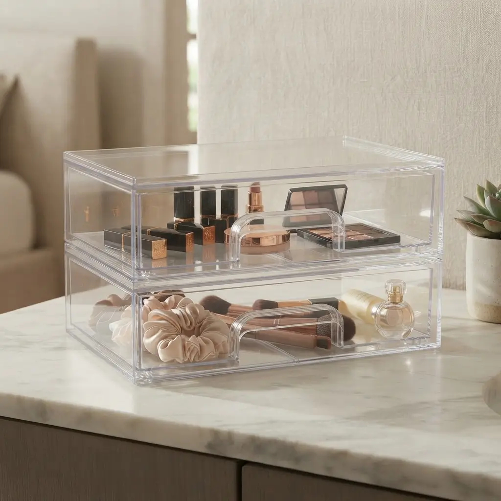 [HUOMAQFAN] 2-Pack Clear Acrylic Stackable Storage Drawers (12.1''W) - Makeup & Cosmetic Organizer for Vanity, Bathroom
