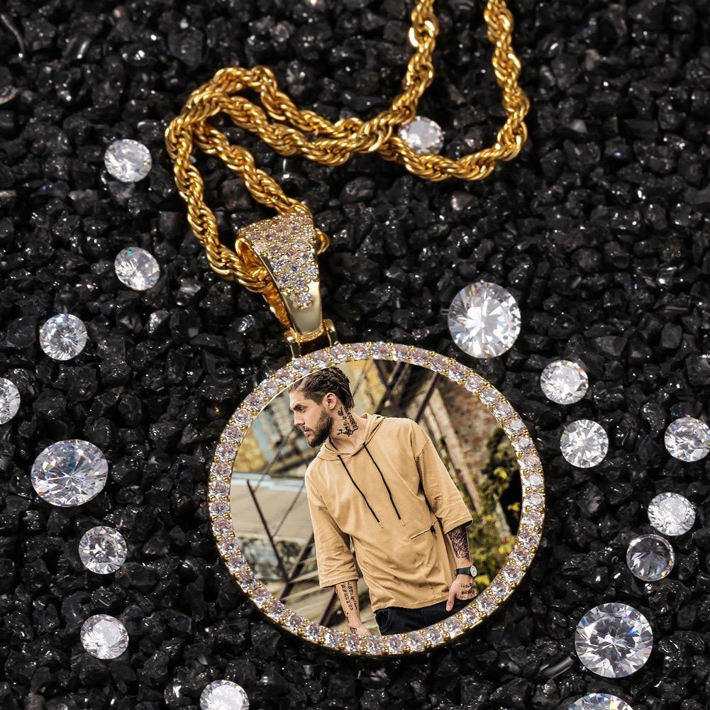 [ICE HUE]18K Gold Vacuum Plated Copper with 5A+ Sri Lanka Zircon Personalized DIY Custom Memory Round Colorful Photo Design Pendant With Necklace Miami Italy Mexico & Micro Inspired for Women & Men Luxury Jewelry,Daily Wear,Fashion,Gift,Chicano,Hip Hop