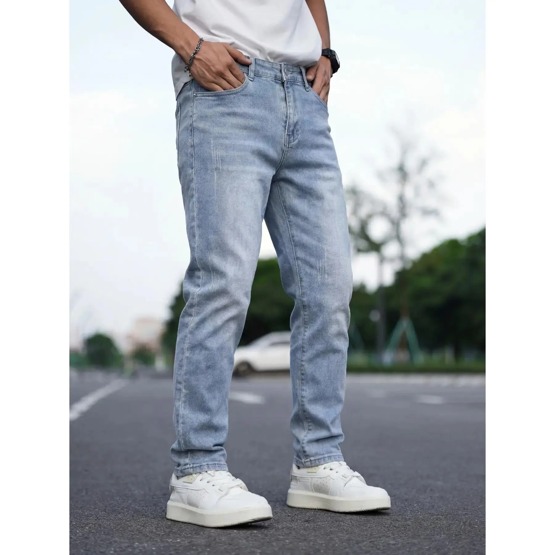 Men's Light Blue Washed Slim Fit Stretch Plain Denim Jeans Pocket, Casual Straight Leg Pants for Outdoor & Daily Wear, Premium Denim Pants, Jeans Bottoms, Pocketed Denim