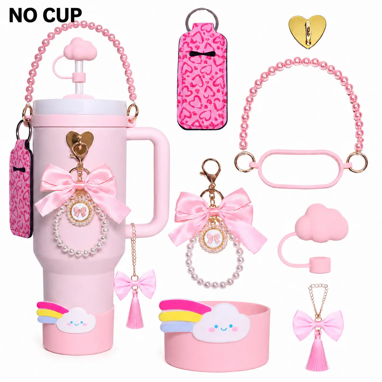 MIUVA 8PCS Pink Cloud Cup Accessories Set for 40 oz & 30 oz Cups, Cute Cup Decoration Kit with Straw Cap, Silicone Boot, Pearl Carry Chain & Bow Charms, Gift for Women, Girls, Tumbler Lovers, Cup Not Included
