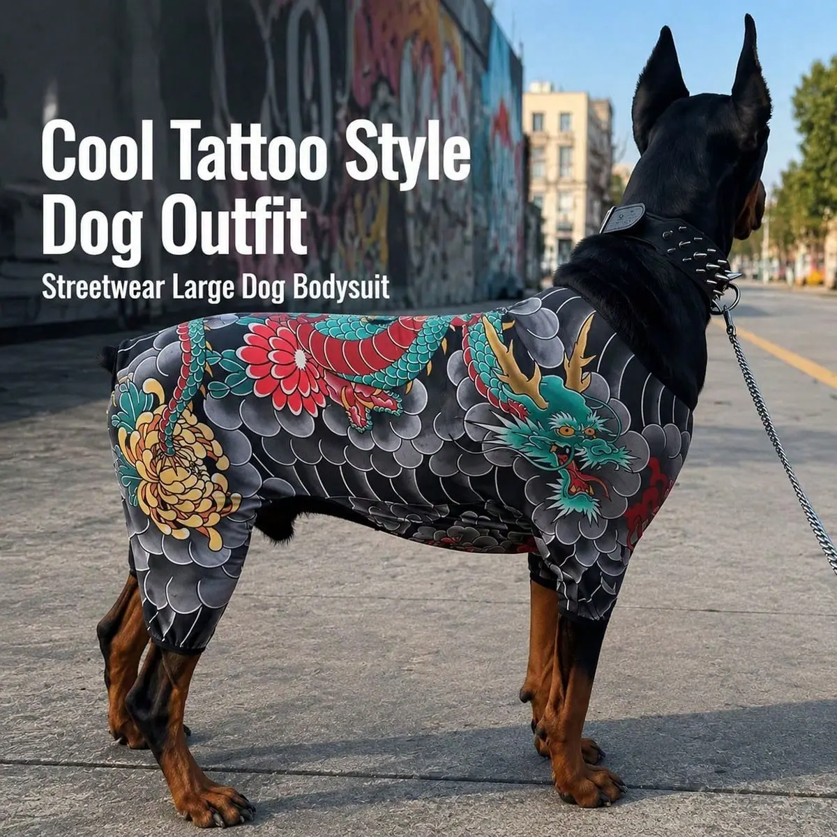 Dog Tattoo 4-Leg Bodysuit, Cute Full Stretch Anti Hair Loss Pet Jumpsuit, Dragon Chrysanthemum Print, All Season Cat Dog