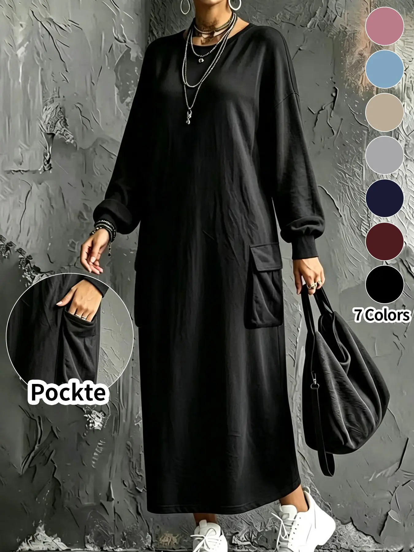 Plus Size Women's Casual Workwear Pocket Sweatshirt Dress, Long Sleeve Hiding Belly Lazy Girl Dress, Daily Home Outdoor Wear Basic