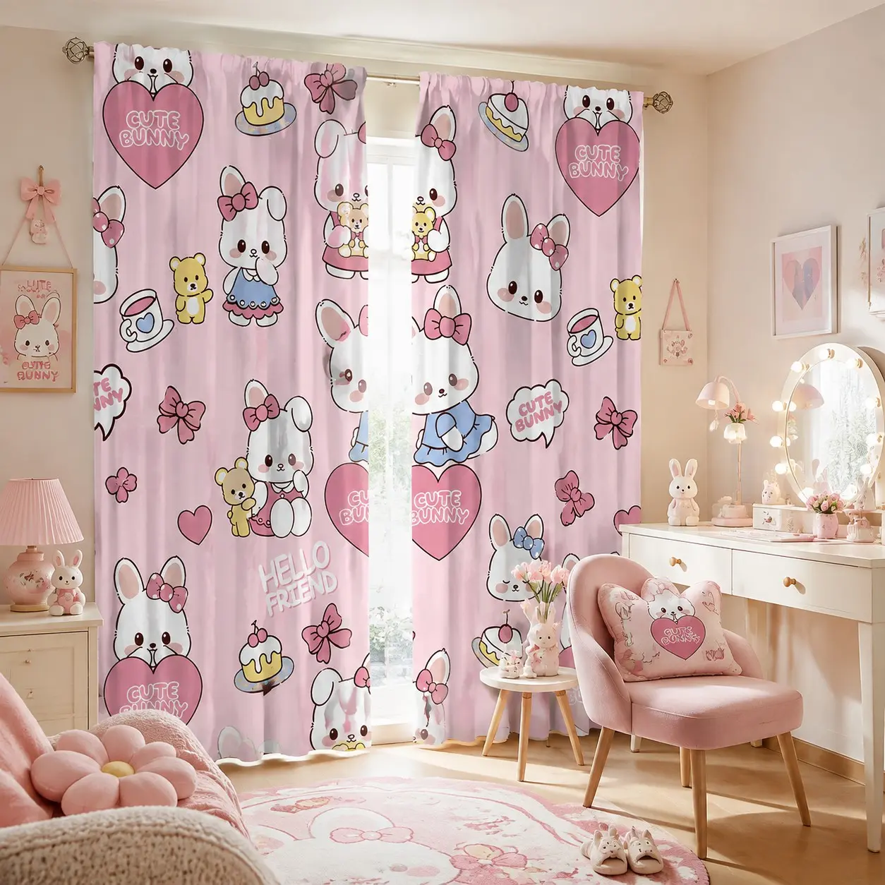 2 Piece Bow Heart Rabbit Cartoon Curtains, Sweet Soft Girl Style, Printed Fabric, Ideal for Girls' Bedroom & Princess Room