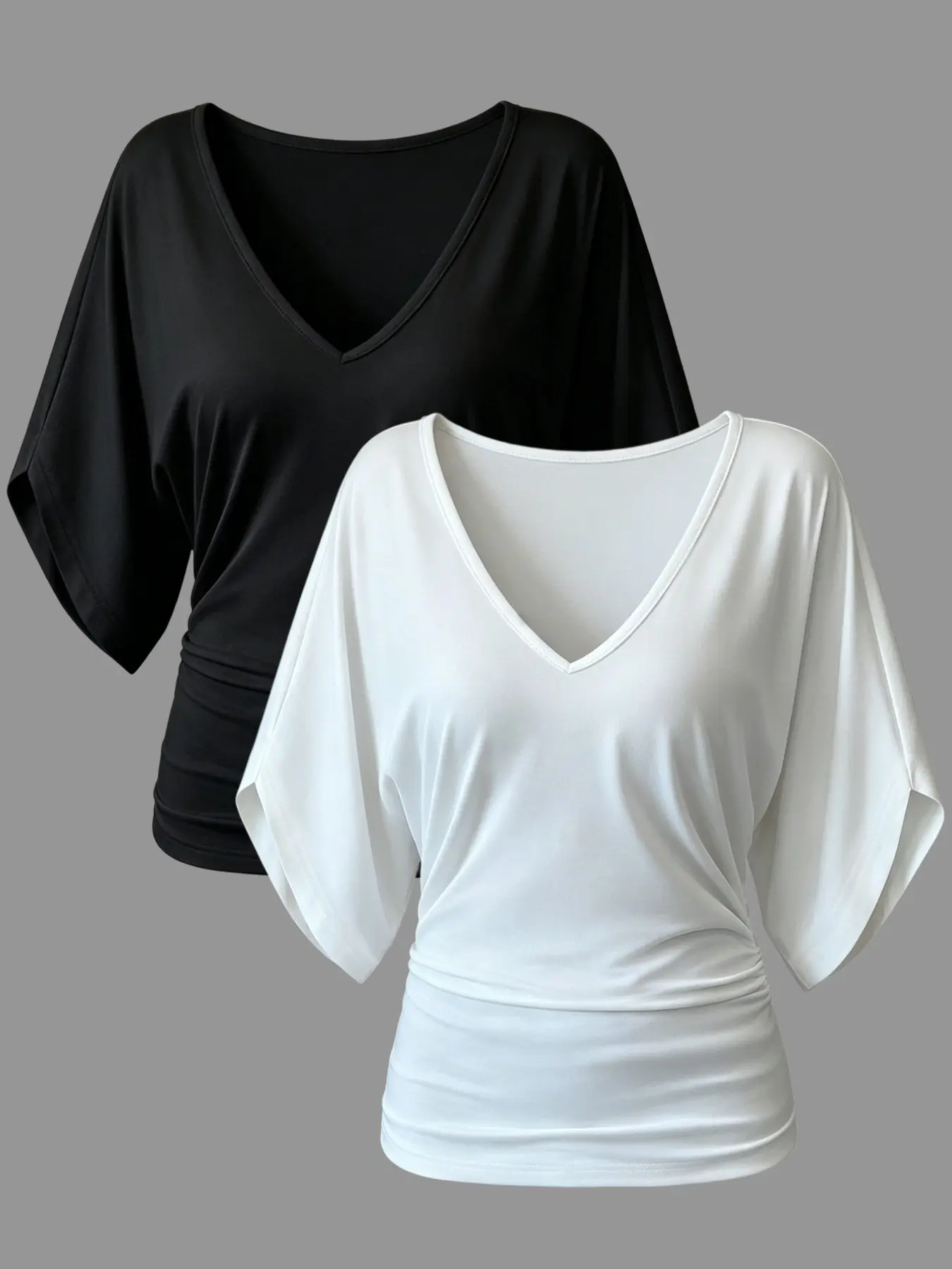 Two-Pack Women's Ruffle Batwing Sleeve V-Neck T-Shirt, Slim Fit Summer Top, Casual Daily Wear, Elastic Waist, Multiple Colors Available
