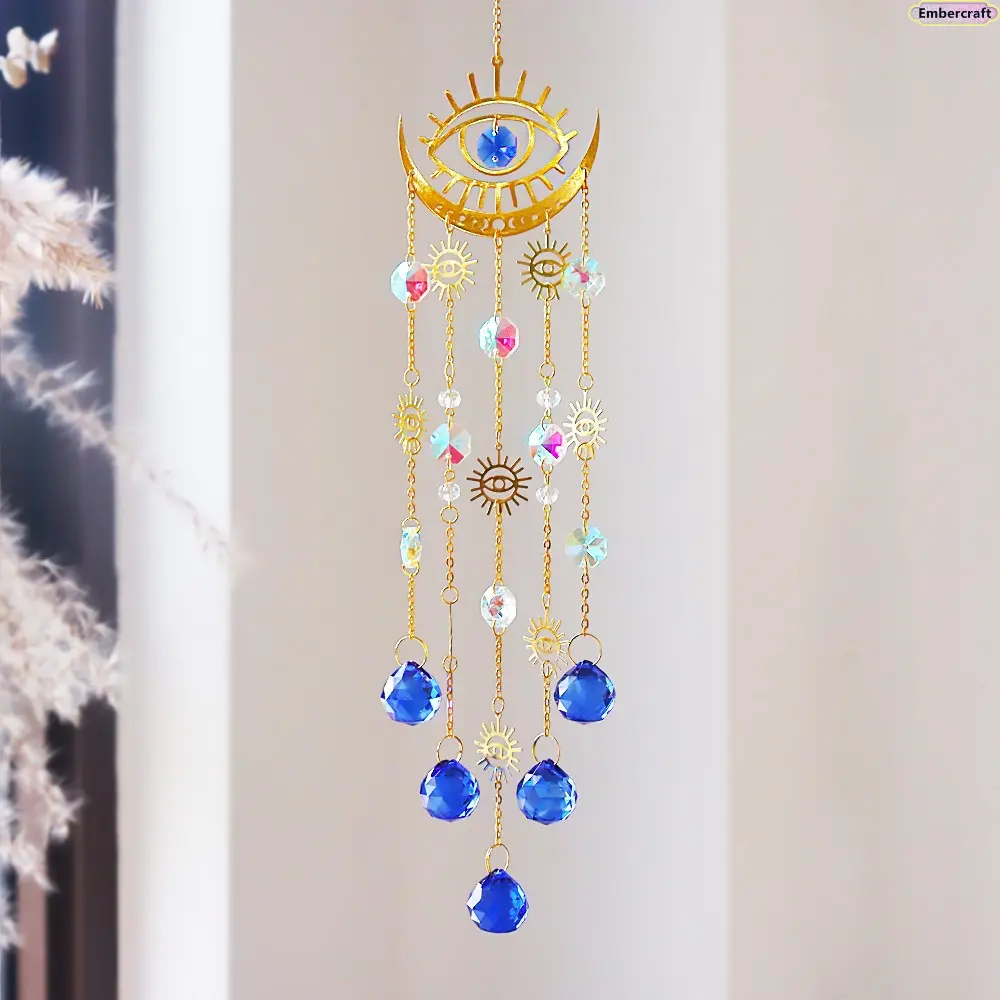 Viral Boho Evil Eye Crystal Rainbow Sun Catcher Prism - Metal Hangable Window Decor, Protective Aesthetic Light-Catching Ornament, Home Decoration for Bedroom & Living Room