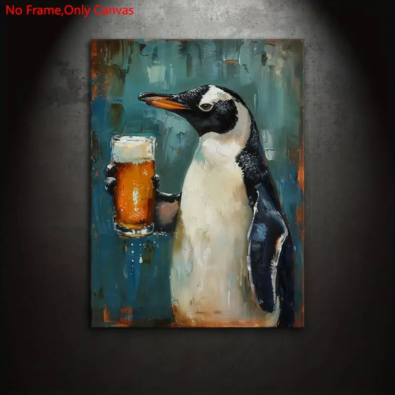 1 Piece/Set Frameless Canvas Painting Print Poster,Classic Pop Retro Oil Humorous Art,Beer Drinking Penguin,Perfect Gift for Animal Lovers,Ideal Gift for Bedroom,Study,Office,Living Room,Dorm Hallway,Kitchen,Mural,Wall Decoration,Room Decor