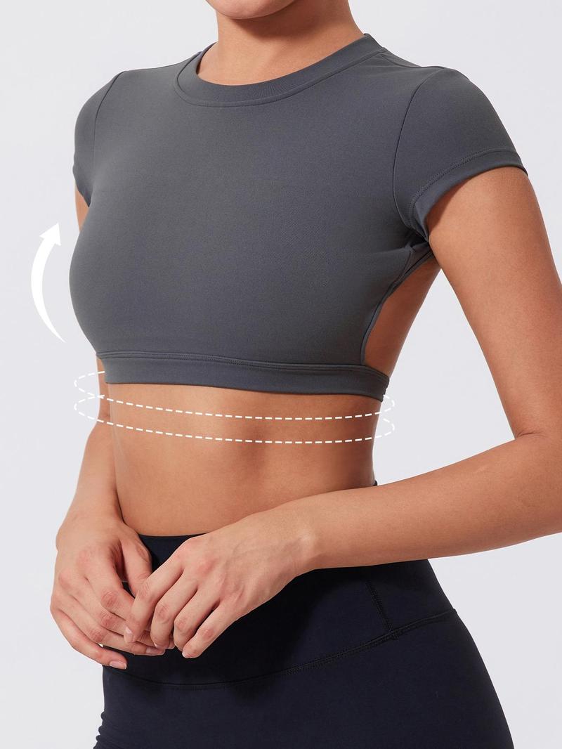 Women's Solid Backless Crop Gym Top, Casual Short Sleeve Round Neck T-Shirt for Daily Wear, Ladies Sportswear for Indoor and Outdoor Wear