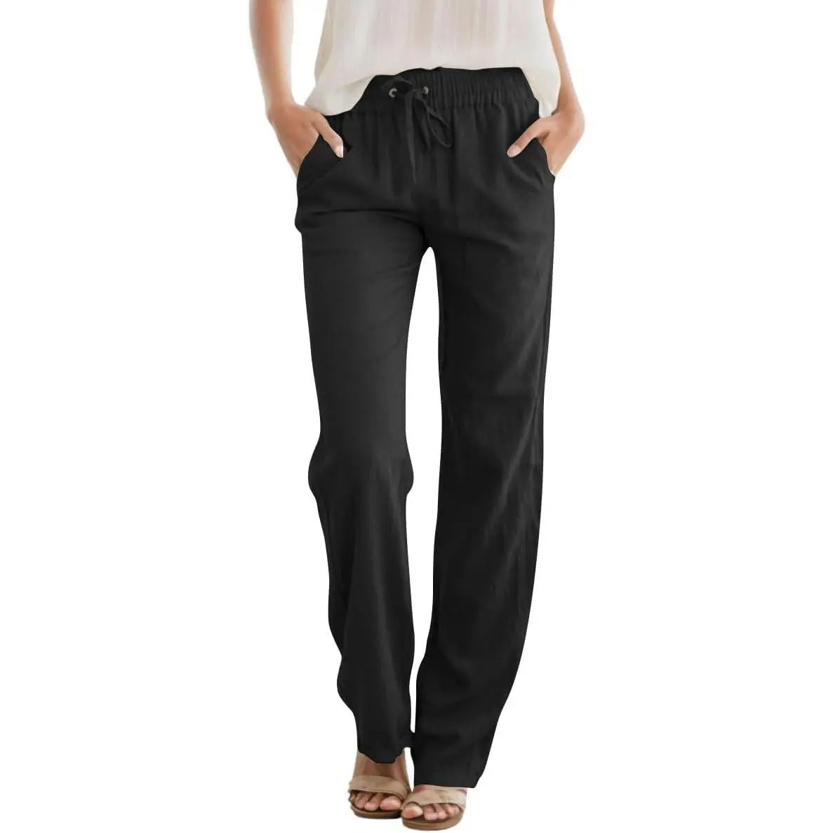 Womens High Waist Casual Pants Drawstring Straight Leg Vacation Comfy Lounge Pocket Linen TrousersGift