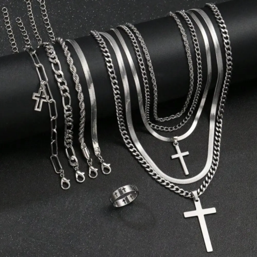 10-Piece Men's Jewelry Set: Minimalist Casual Trendy Hip Hop Stainless Steel Cross Necklace, Twist Chain Bracelet & Rings, Ideal for Vacation, Dating, Holiday Gifting & Daily Street Outfits (No Gift Box Included)