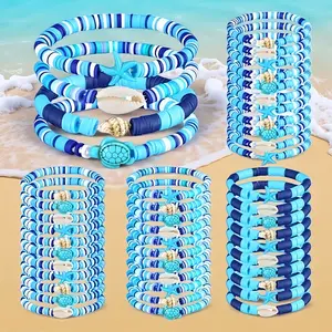 Set of 24Pcs Ocean-Themed Elastic Bracelets Made of Polymer Clay - Includes Shell, Turtle, And Starfish Ankle Friendship Bracelets, Perfect Summer Beach Jewelry for Women'S Birthdays And Anniversaries