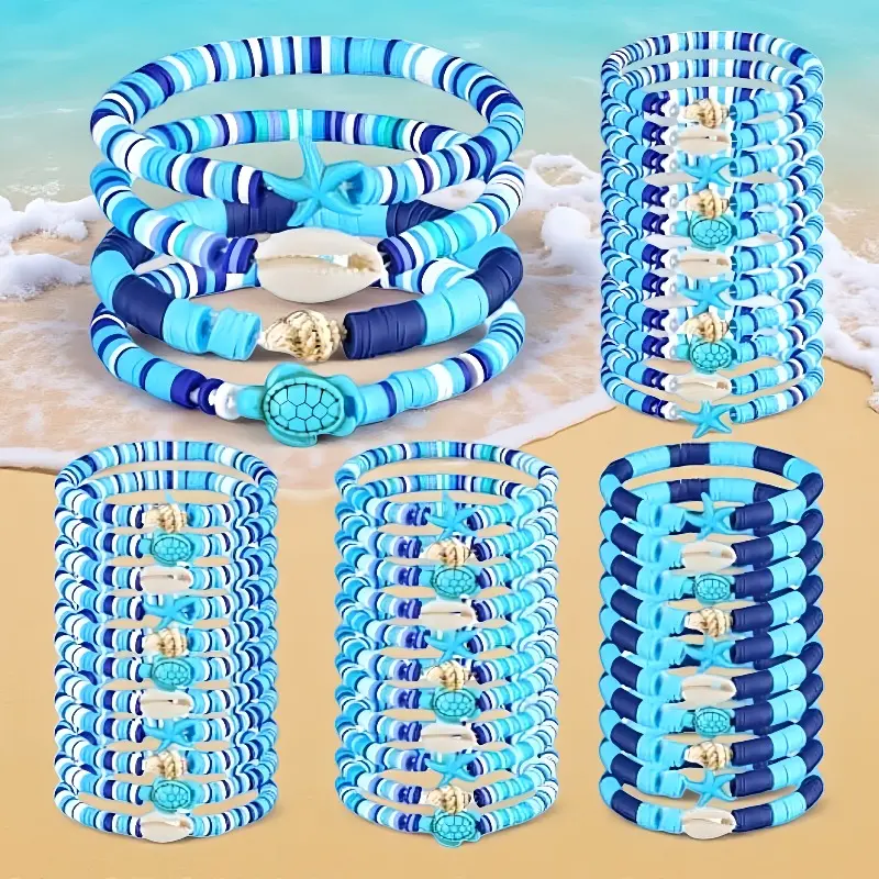 24-Pack Polymer Clay Bracelets for Women, Elastic Friendship Jewelry with Shell, Turtle & Starfish Charms, Seashell Aesthetic Summer Beach Anklets for Anniversary Gift, 24Pcs, Starfish Element Bracelets & Bangles, Shell Bracelets & Bangles, Casual