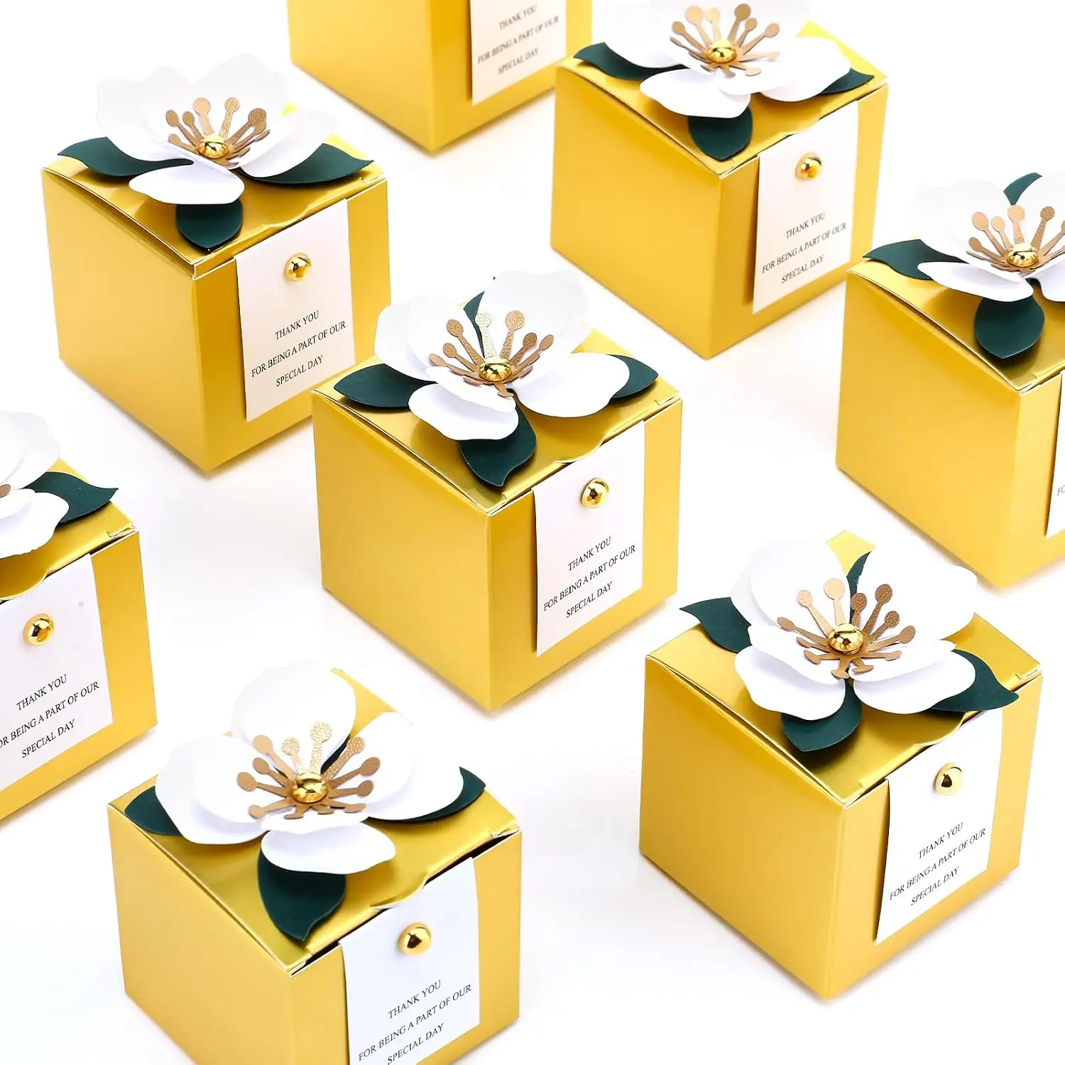 50 count Wedding Favor Boxes with Thanks Card Square Flower Candy Boxes Paper Bridal  Box for Guests Wedding Bridal Shower Birthday Party Anniversary(Green)