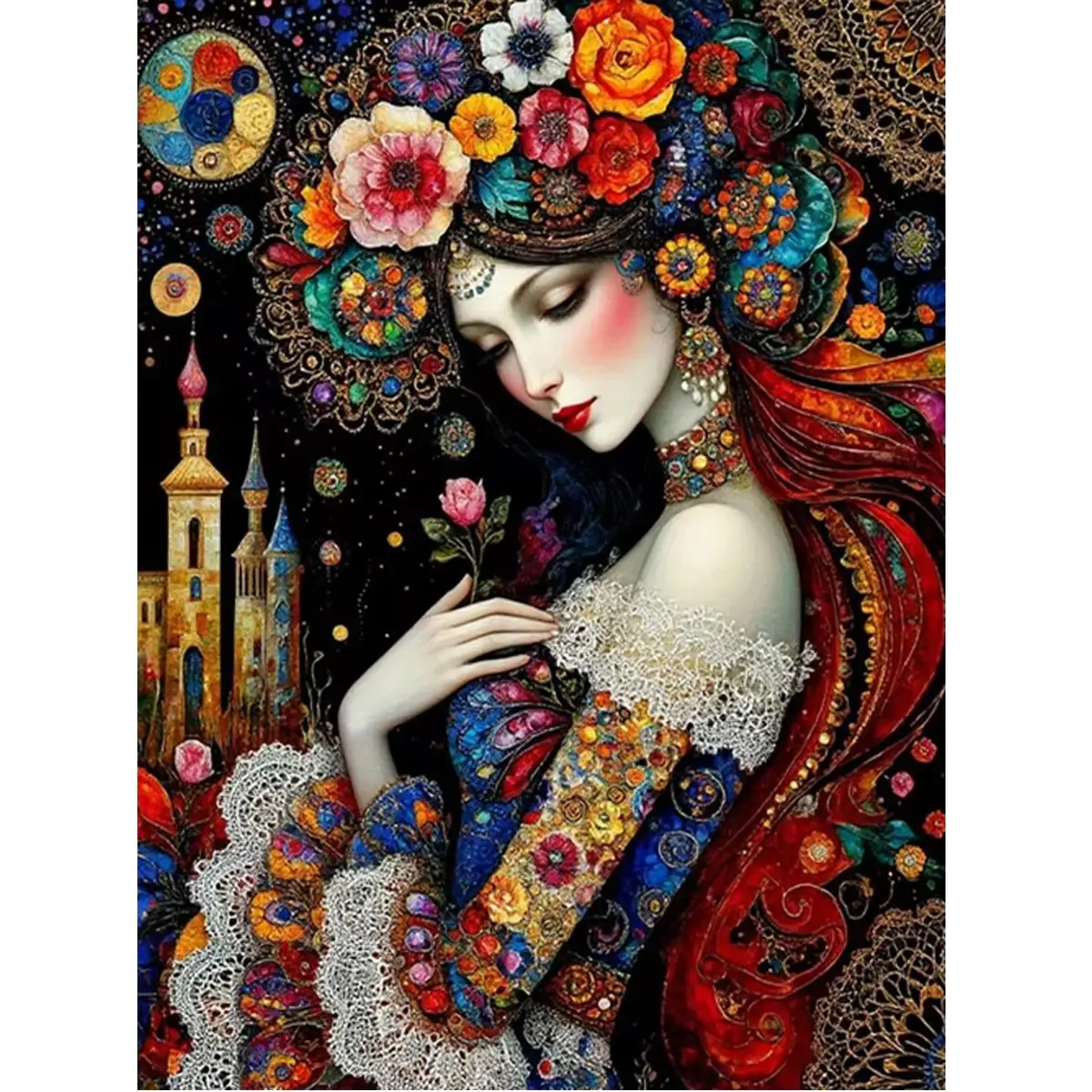 5D DIY Diamond Painting Kit Craft Boho Floral Beauty Woman with Flower Headdress Castle Starry Sky Embroidery, Full Round Drill Fantasy Gypsy Lady Mosaic Wall Decor Gift