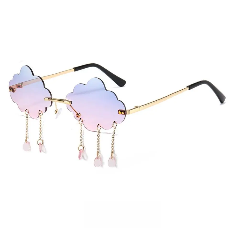Women's 2-Pcs Rimless Retro Cloud-Shaped Metal Frame Sunglasses Set, Whimsical Raindrops Colorful Gradient Lenses, Comfortable Dangling Crystal Tassels, Casual Wear for Concerts Dancing