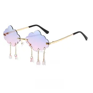 Women's Unisex 2-Pcs Rimless Retro Cloud-Shaped Metal Frame Sunglasses Set with Colorful Gradient Lenses, Comfortable Dangling Crystal Tassels, Maximum Photo Appeal for Party Disco, Sports