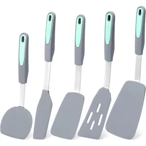 Pieces Silicone Spatula Set, Heat Resistant Kitchen Utensils, Silicone Turner Spatulas for Cooking, Frying & Pancake, Light Grey