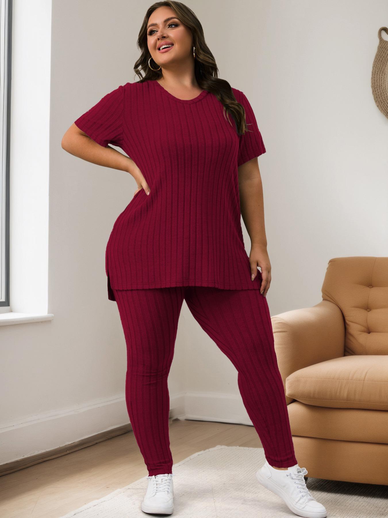 【Plus Size】 Solid Color Ribbed Tee & Elastic Waist Pants Set, Casual Fashion Cozy Two-piece Outfits for Daily Outdoor Wear, Women Clothing for Summer, Womenswear