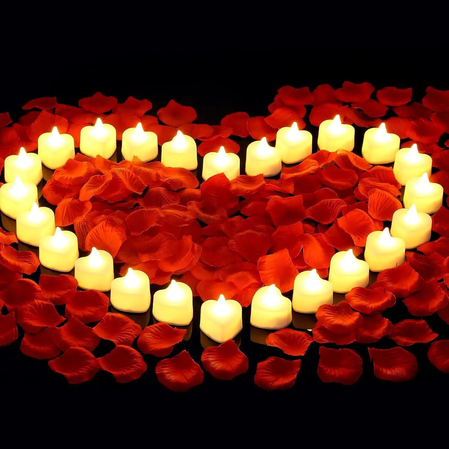 Artificial Rose Petals and LED Candles Set - 1000 Red Petals, 24 Heart-Shape Flameless Candles, Romantic Festive Decor for Valentine's Day, Wedding