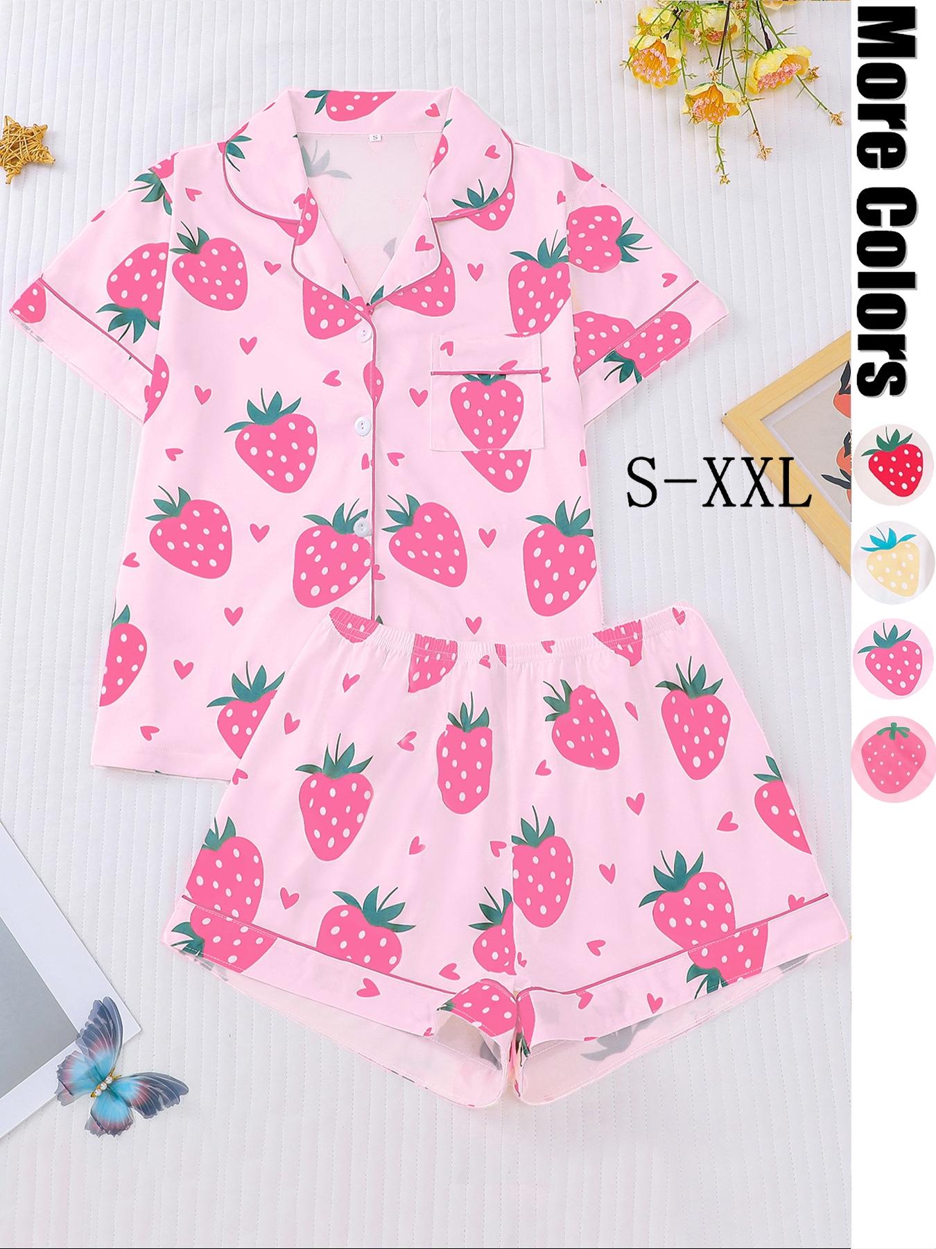 Women's All Over Strawberry Print Short Sleeve Pajama Two-Piece Set, Regular Fit Comfy Button Front Chest Pocket Lapel Neck Top & Elastic Waist Shorts, Sleepwear for All Seasons, Nightwear Sleepwear Homewear