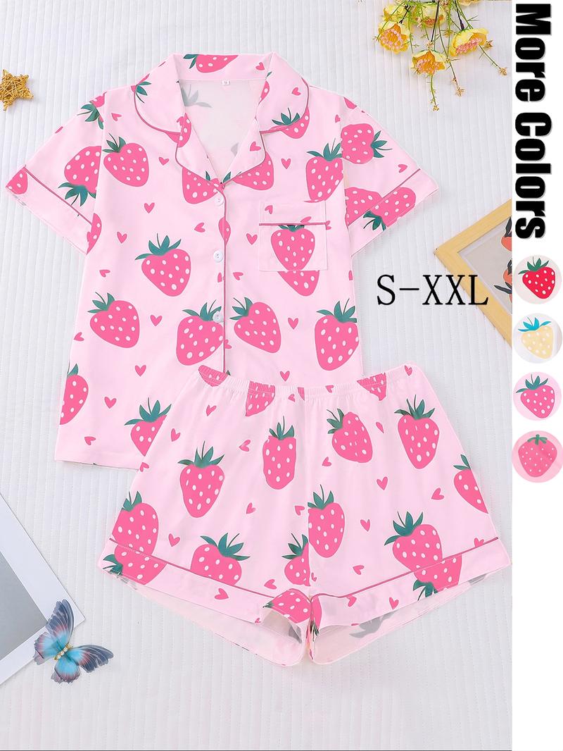 Women's All Over Strawberry Print Short Sleeve Pajama Two-Piece Set, Regular Fit Comfy Button Front Chest Pocket Lapel Neck Top & Elastic Waist Shorts, Sleepwear for All Seasons, Nightwear Sleepwear Homewear