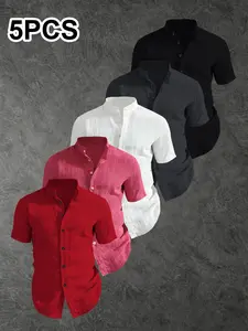 5-Pack Men's Summer Short Sleeve Casual Shirts, Lightweight Breathable Linen-Like Solid Collar Button Shirt, Ideal for Beach Poolwear