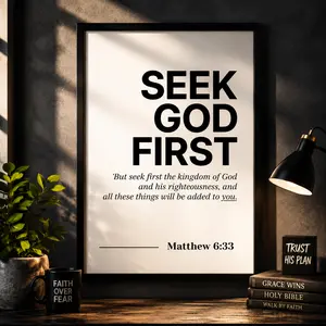 Inspirational Matthew Seek God First Bible Verse Artistic Print, Waterproof Christian Paintings, Box-Included Home Decor for Kitchen & Room Decoration, Canvas Wall Art, Religious Wall Decor, Faith Quote Poster, Prayer Room Decor, Christian Gift