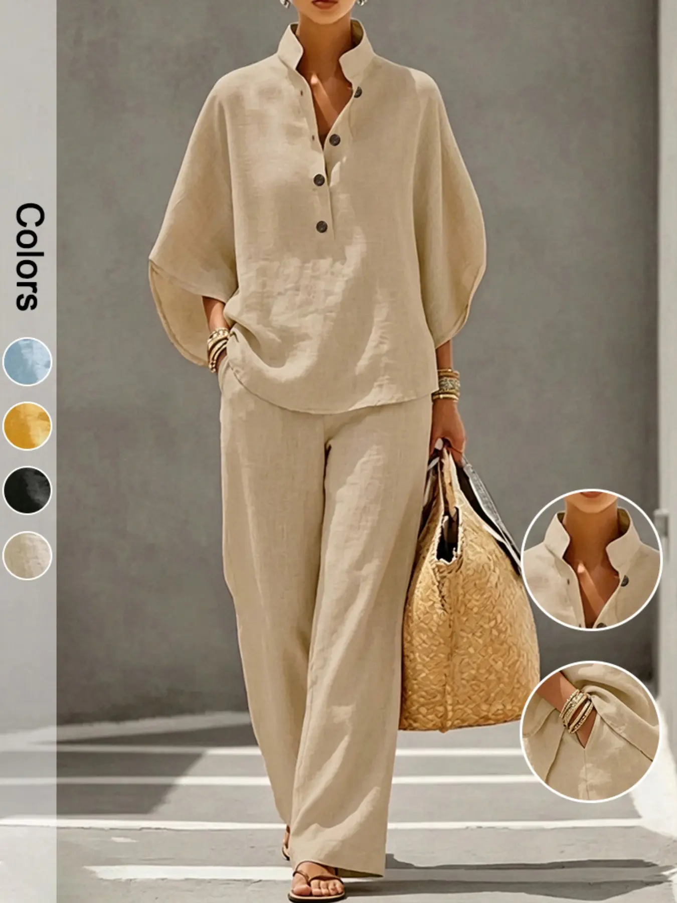Women's Two-Piece Set Stand Collar Loose Top and Long Pants, Half Button Three-Quarter Sleeve Shirt and Straight Leg Pants, Casual, Outfit, Clothes