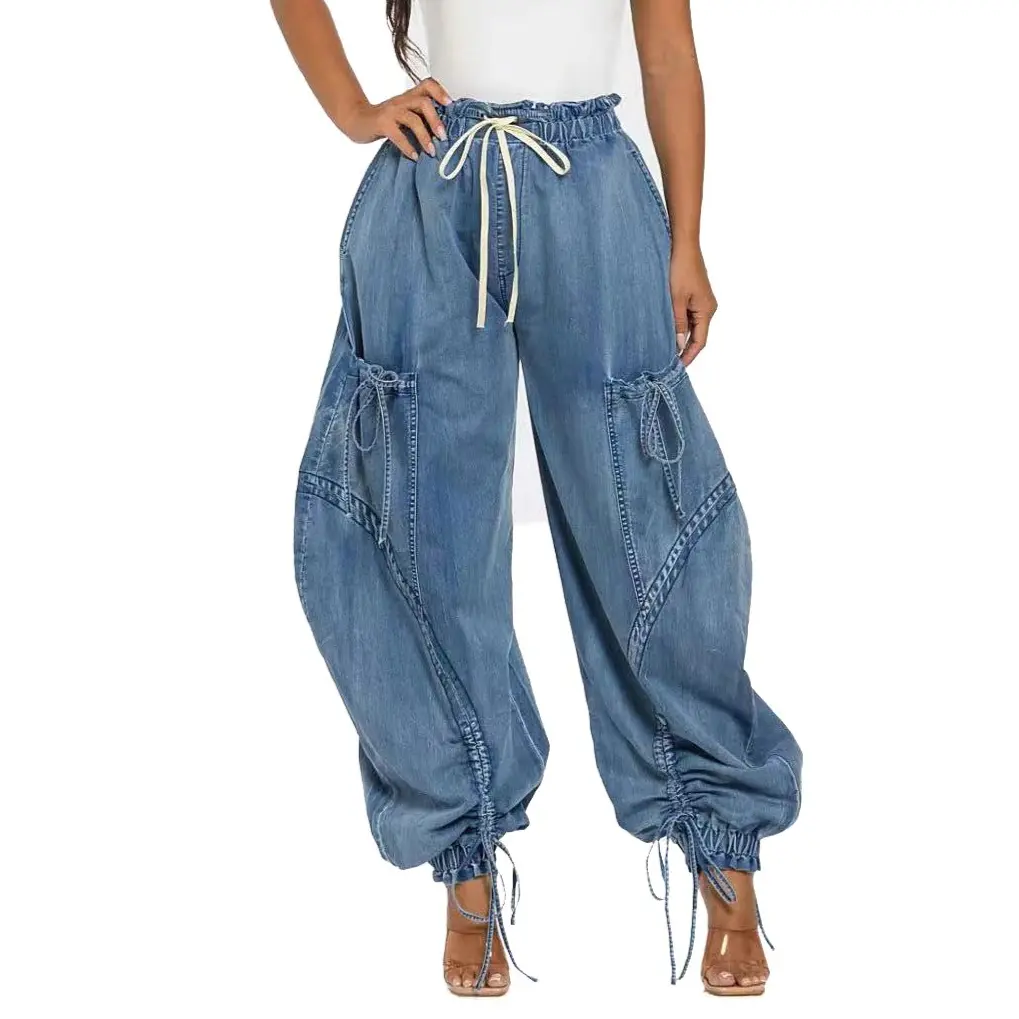 Women's Baggy Y2K Elastic Waisted Jeans Bow-Knot Drawstring Pull-On Cargo Denim Pants Harem Pants Streetwear