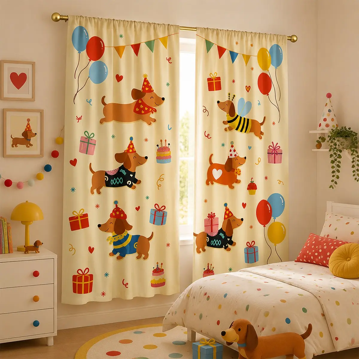 Set of 2 Semi-Sheer Curtains with Dachshund Birthday Print on Pale Yellow Background – Soft Light-Filtering Rod-Pocket Drapes for Kids' Rooms