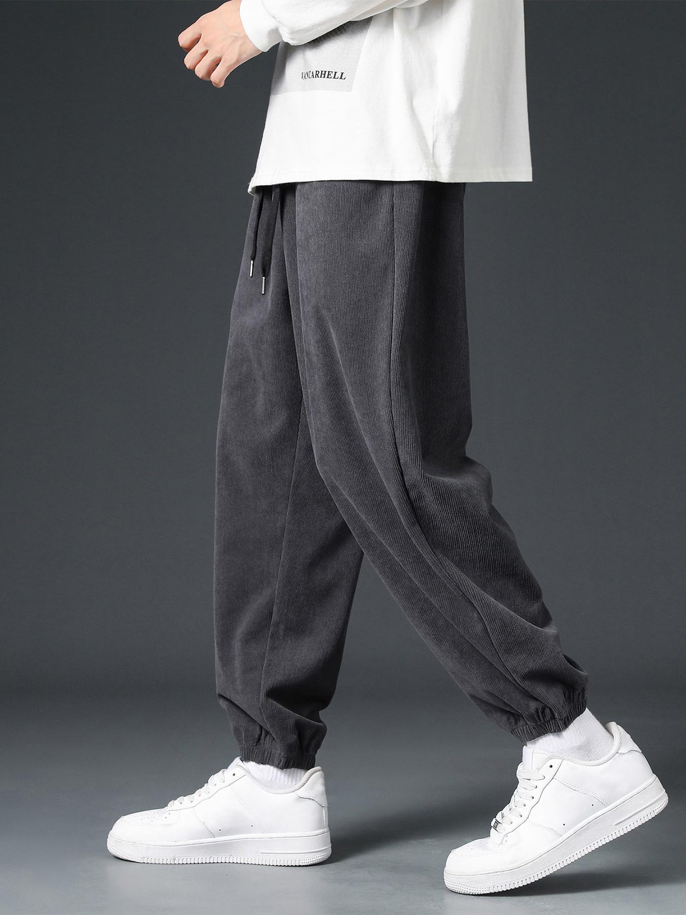 Men's Solid Pocket Drawstring Waist Jogger Pants, Loose Corduroy Trousers for Spring & Fall, Baggy Plain Menswear, Casual Comfy Men Bottoms for Daily Wear, Lounge Boyfriend Sweatpants for Gift