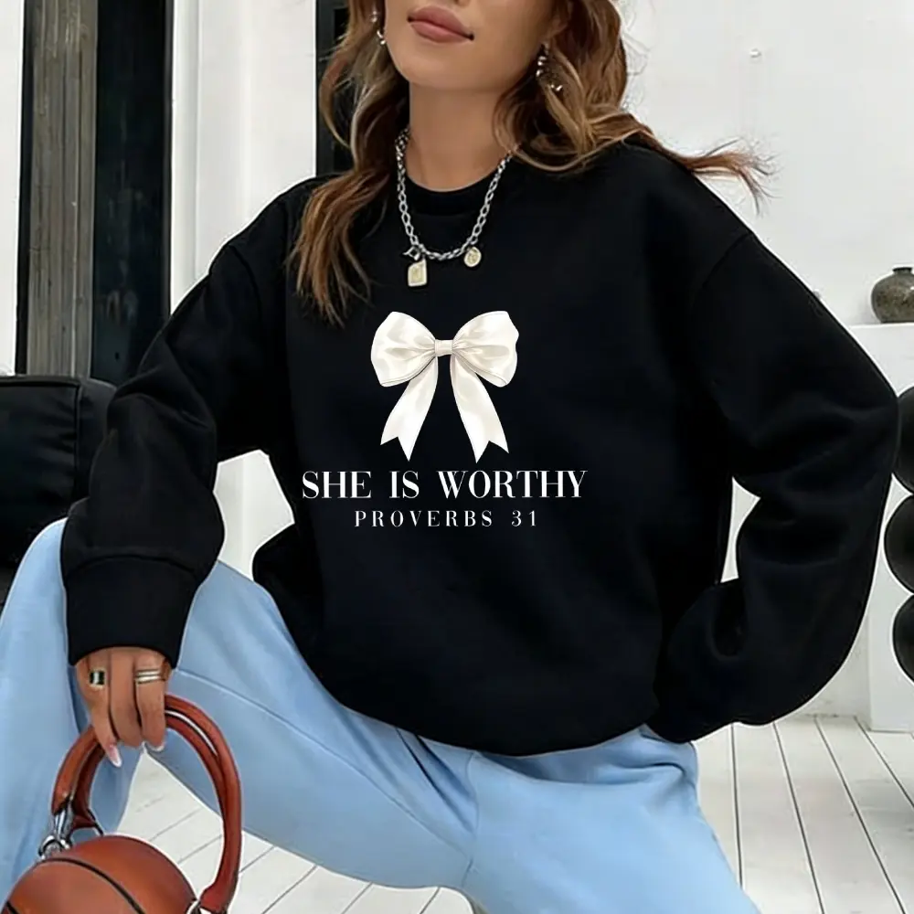 She is Worthy Bow, Women's Christian Graphic Crewneck Sweatshirt Streetwear Pullover Long Sleeve Crewneck Sweatshirt Men Women Pullover Casual Top Unisex Casual Everyday Top