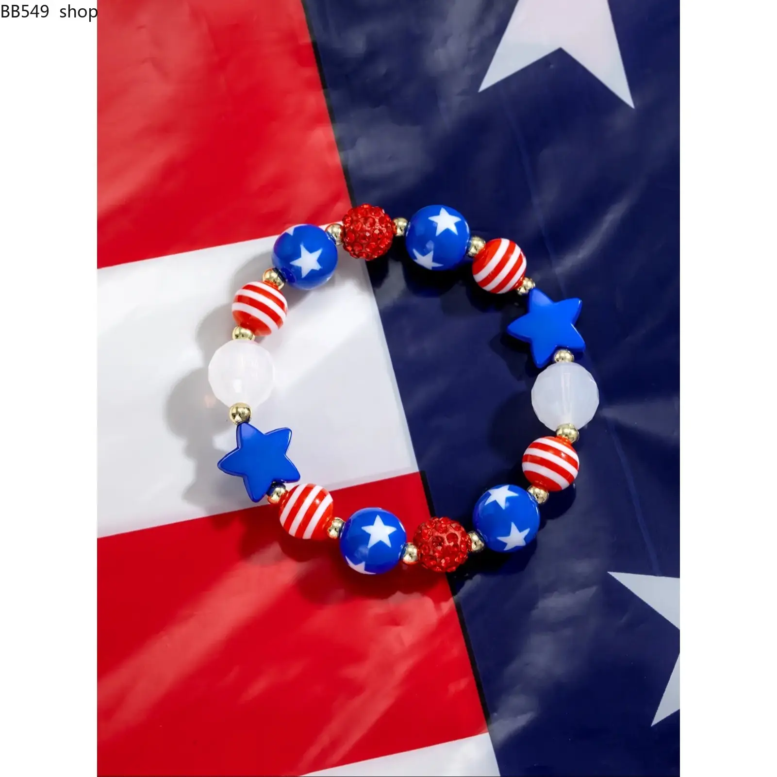 American Flag Color Beaded Bracelet – Elastic Star Design Adjustable Wrist Jewelry, Patriotic Holiday Charm Bracelet, Versatile Gift for Celebrations & Daily Wear