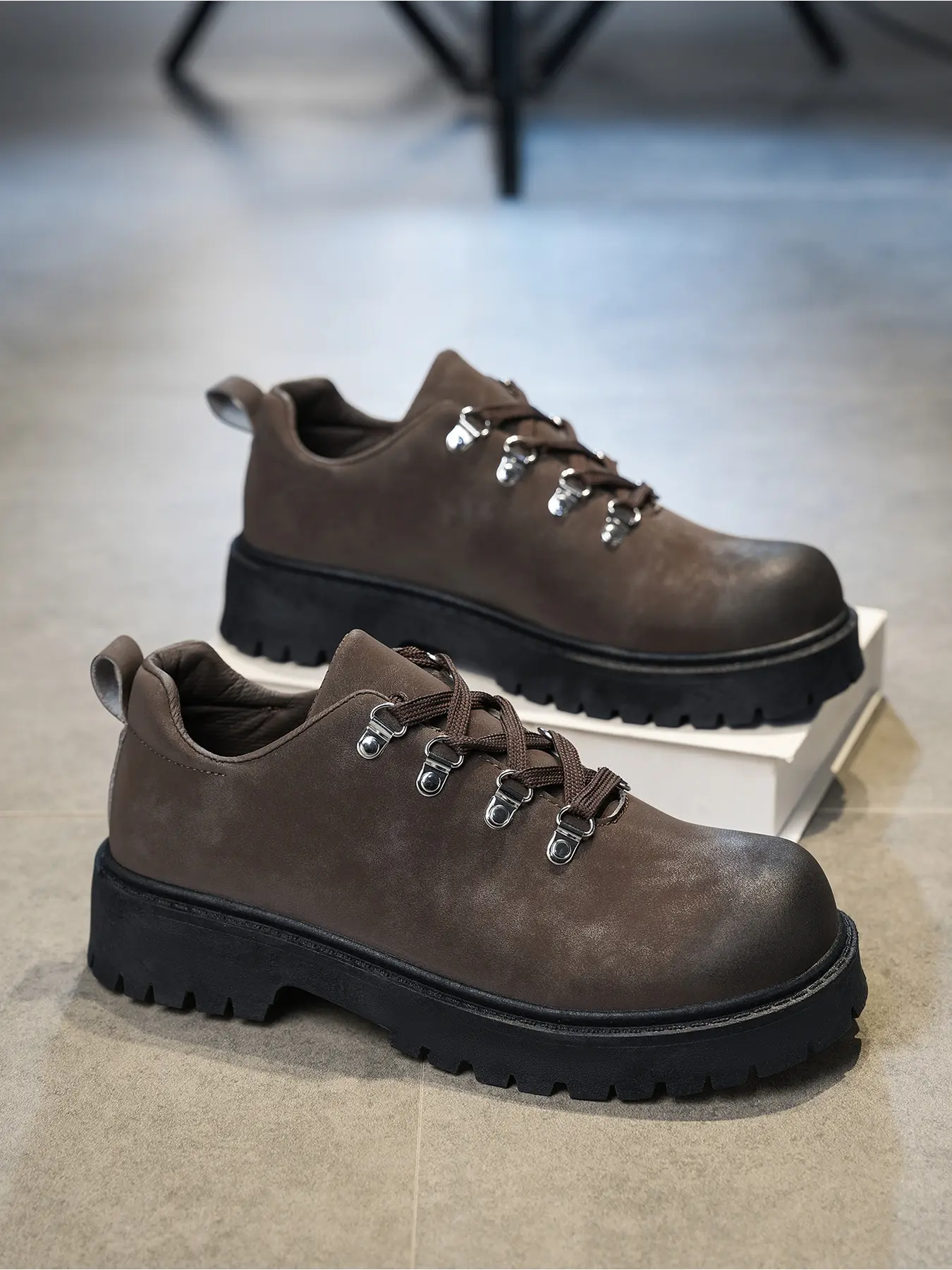 Men Fashion Chunky Platform Flatform Elevator Derby Shoes, Vintage Round Toe Lace Up Work Footwear, Non-Slip Durable Daily Outdoor Commuter Leather Walking Shoes