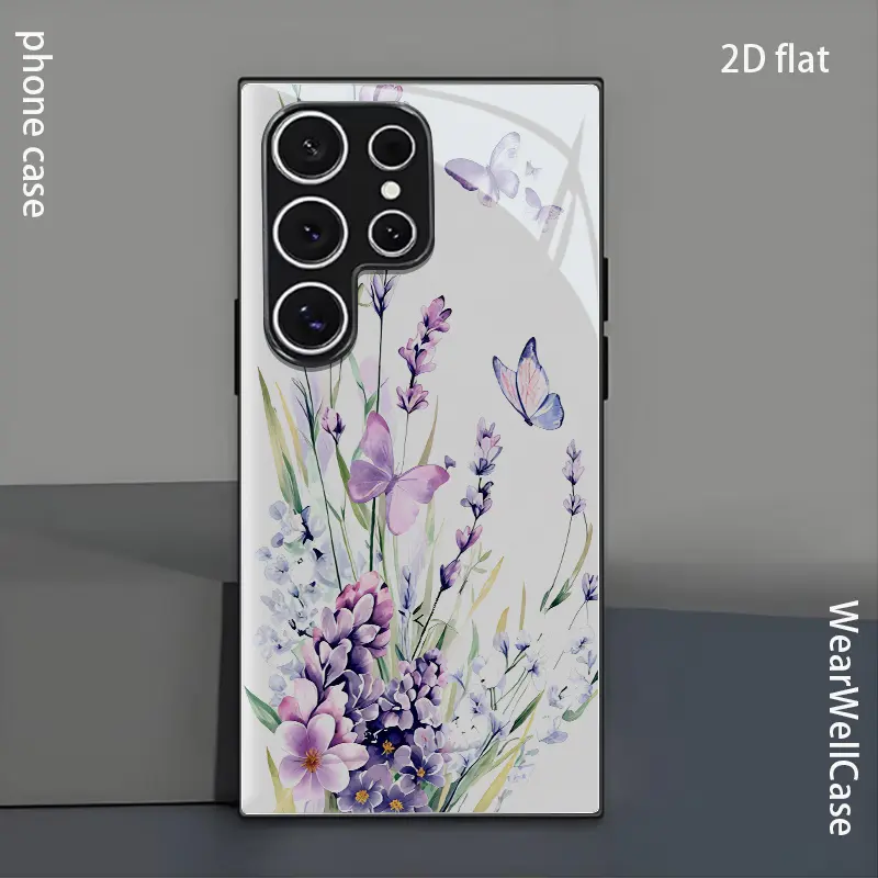 Phone Case: Watercolor Lavender Butterflies Black Tempered Glass Phone Case, for Galaxy S26 S25 S24 S23 S22Pro S21 S20 Fe Plus Ultra Pro A56 A55 A54 A53 A52 A51 A36 A35 A34 A32 A26 A25 A24 A23 A16 A15 A14 A06 A05 A03s, Casing, Screen Protector
