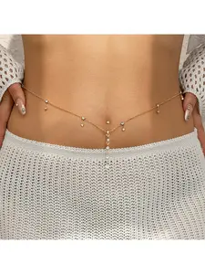 Sexy rhinestone pierced navel stud belt chain, sweet and cool summer body chain
