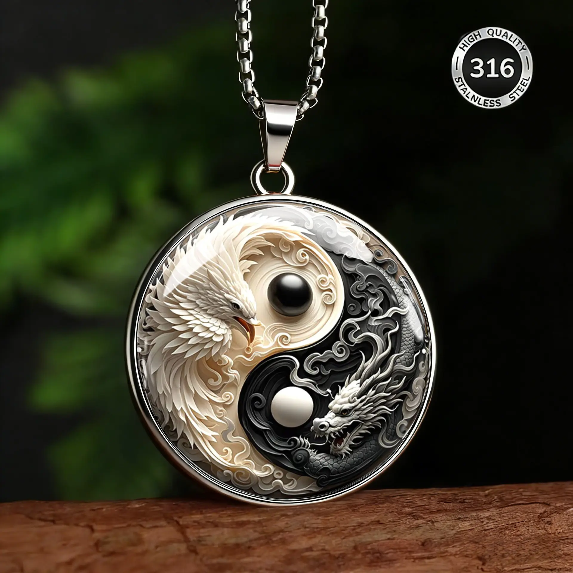Ins Style Waterproof 316L Steel Necklace, Tai Chi Dragon Phoenix Yin Yang Costume Jewelry Accessory, Daily Wear, 3.0Cm, Waterproof Chain, Chain Jewelry Necklaces