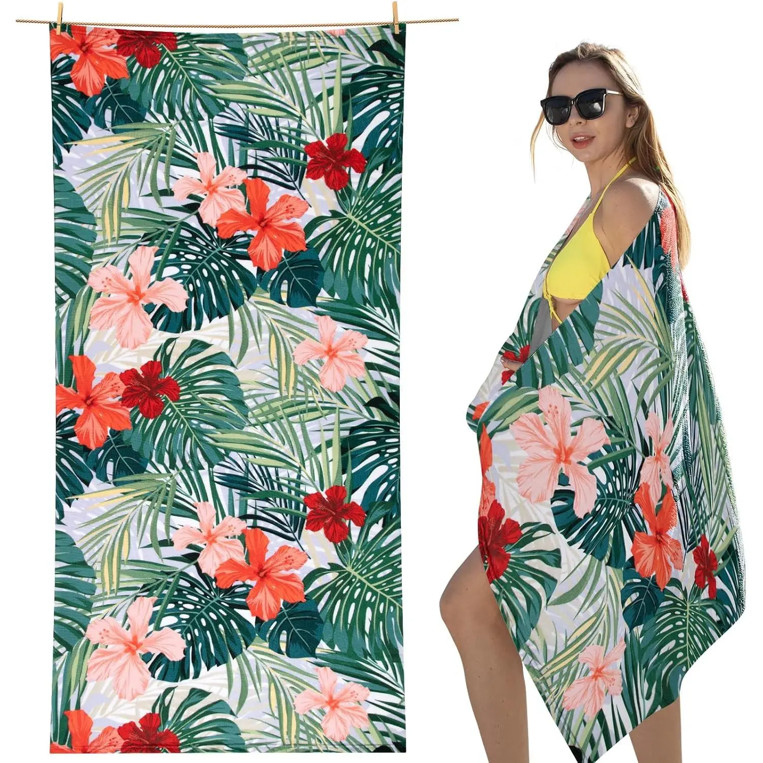 Oversized Microfiber Banana Beach Towel (70×40 in), Quick-Dry Lightweight Compact Pool Towel, Portable Thin Foldable Wave-Pattern Camping Outdoor Essential for Adults
