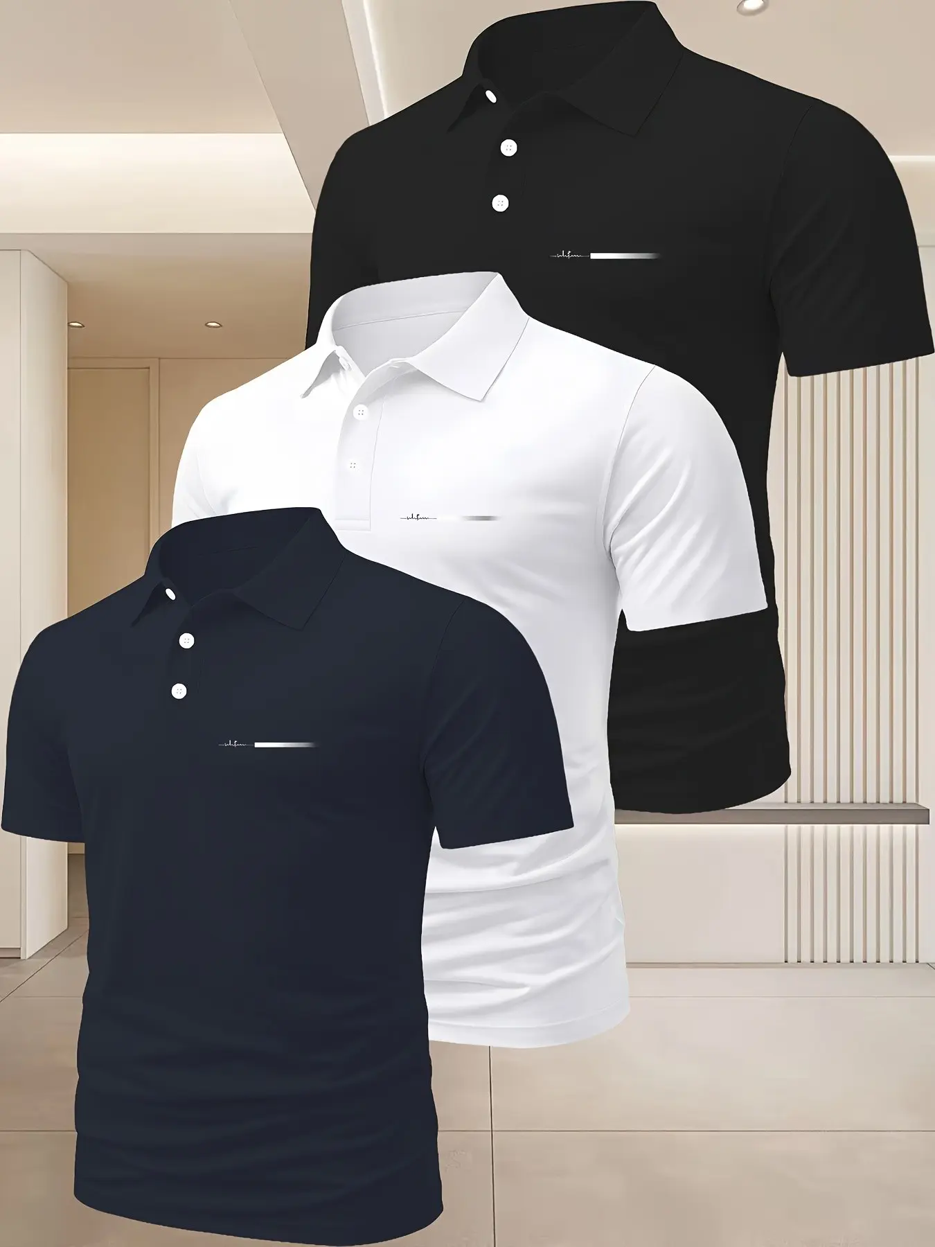 Summer Men's Polo Shirt Set of Three, Summer Polos, Collared Short Sleeve Tops, Solid Color Casual Wear, Ideal for Young Adults, Versatile Basic Shirts