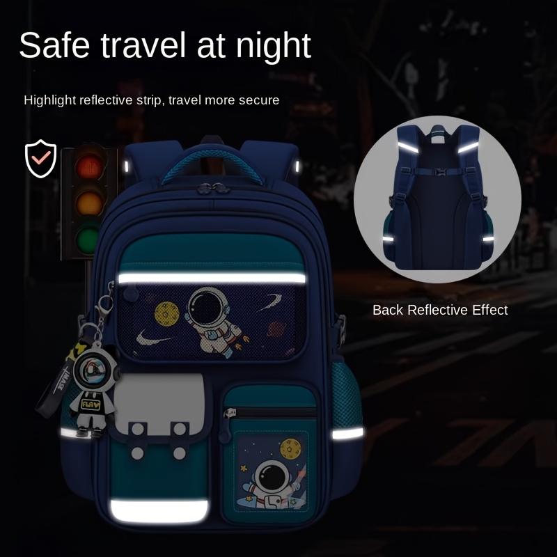 Cartoon Astronaut Backpack - Large Capacity, Adjustable Straps, Tablet Pocket, Ideal School & Commuting, Navy Blue with Colorful Space Design, Backpack School