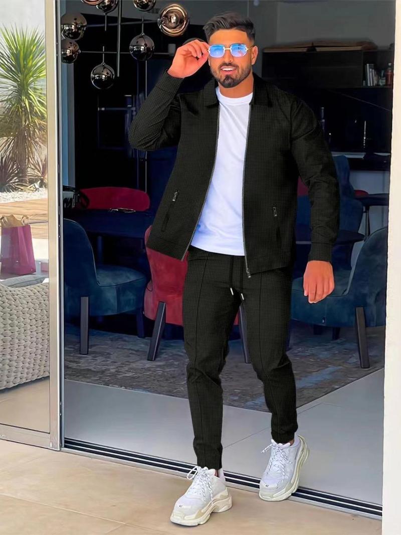 Men's Solid Color Jacket & Drawstring Waist Pants Two-piece Set, Regular Fit Casual Long Sleeve Outerwear & Pants for Daily Wear, Men's Two-piece Outfits for All Seasons Men's Solid Color Jacket & Drawstring Waist Pants Two-piece Set, Regular Fit Casual Long Sleeve Outerwear & Pants for Daily Wear, Men's Two-piece Outfits for All Seasons