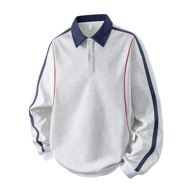 Men’s Long‑Sleeve Polo Sweatshirt, color‑block lapel collar, contrast side stripe detailing, half‑button placket. Suitable for autumn daily wear, casual hangouts and preppy street‑style looks. # sohochic