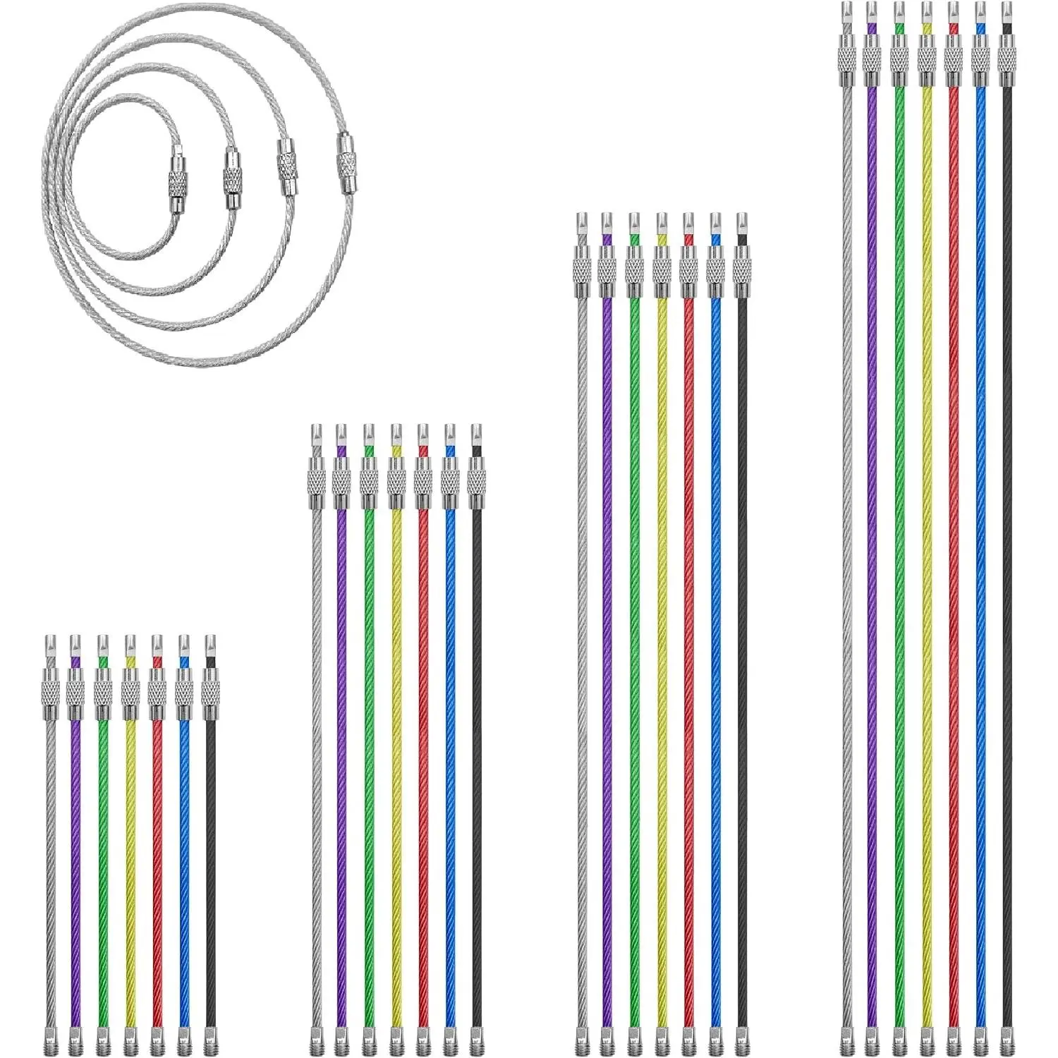 28 count Metal Wire Keychains, 2mm Coated Wire Key Rings Loops, 4" 6" 7.8" 10" Stainless Steel Connecter  Keyrings for Hiking Luggage ID Tags,Key Tags,Keyrings, Kitchen Utensils -7 Colors