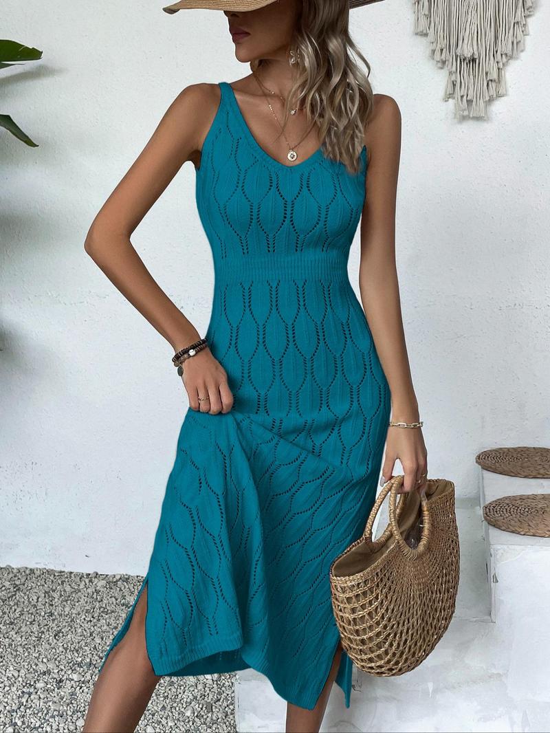 Women's V Neck Long Sleeveless Dress, Elegant Fitted Split Thigh Design, Casual Holiday Beachwear, Fall & Winter Fashion