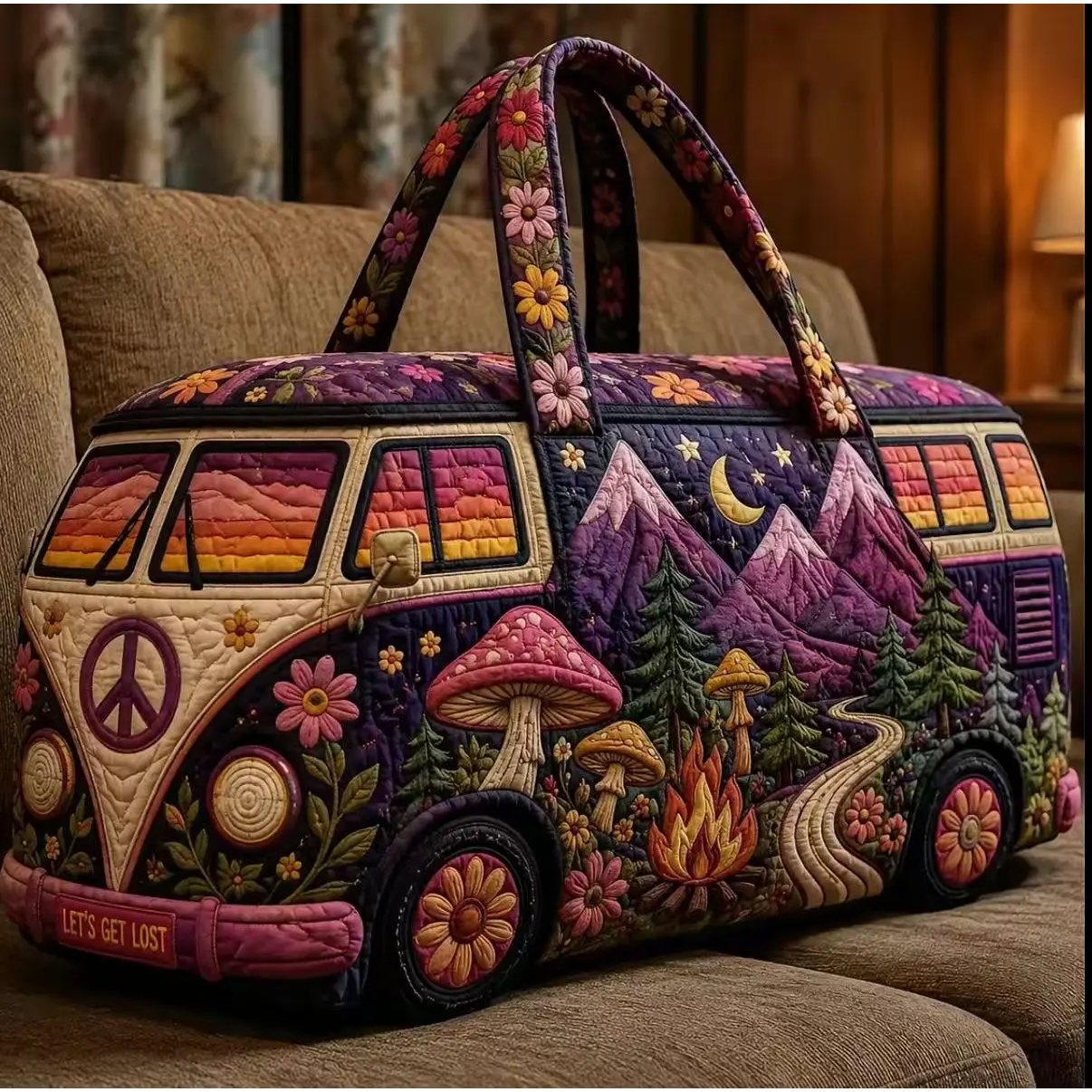 Women's Hippie Retro Duffel Bag, Bohemian Look Weekender Tote in Quilted Fabric with Floral Butterfly Design for Road Trips, Sporty Chic, Camping Trip, High Capacity Bag, Butterfly-Daisy Design, Travel Duffel Bags, Gym Bag Luggage