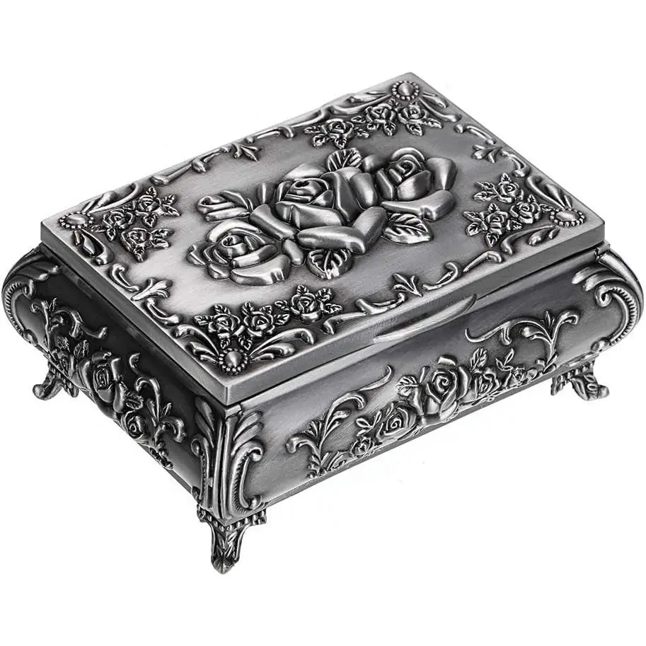 Vintage Metal Jewelry Box Small Trinket Jewelry Storage box For Rings Earrings Necklace Treasure Chest Organizer Antique jewelry Keepsake gift Box Case for Women (Small)