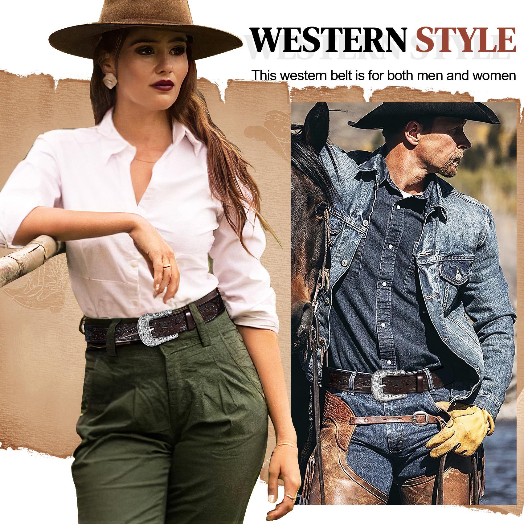 XZQTIVE Western Belts for Women Men Cowboy Cowgirl Floral Engraved Leather Belt Strap Vintage Embossed Buckle Waist Casual  Black Belt