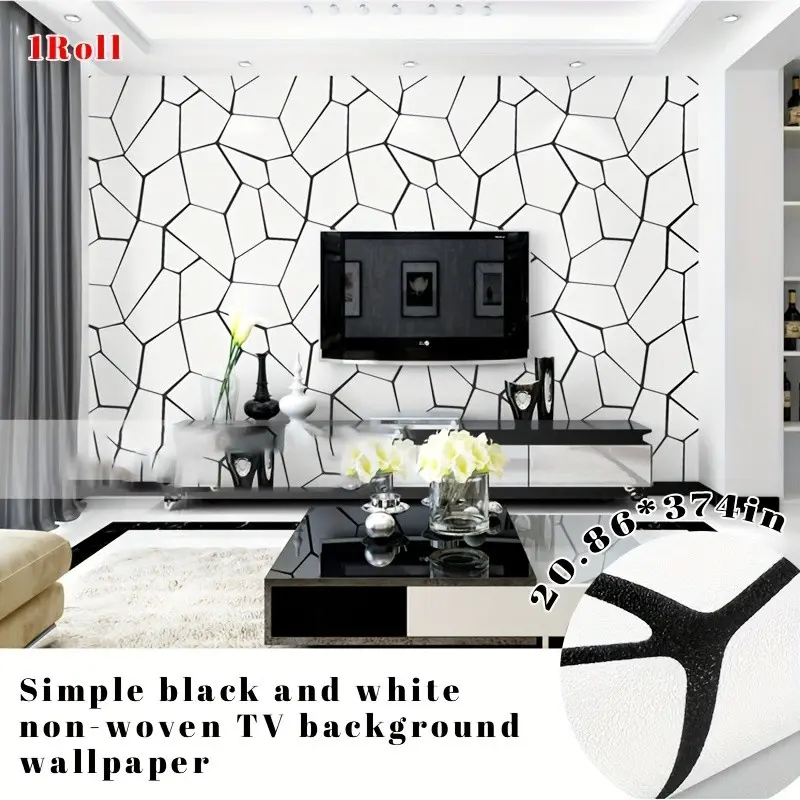 One roll of simple black and white textured non-woven Decorative Wallpaper. Not self-adhesive; requires adhesive. Waterproof and durable PVC material. 20.86 inches x 374 inches. Suitable for bedroom, living room, and TV background wall decoration.