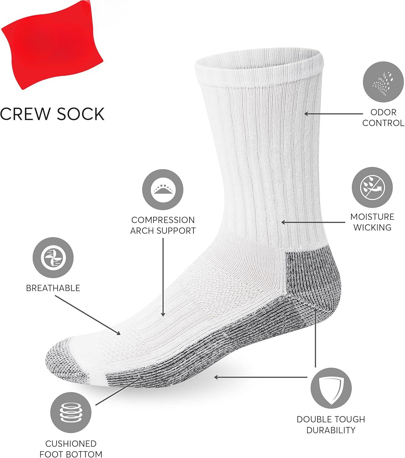 Men's Work Socks, Cushioned Crew Socks, Moisture-Wicking Socks & Odor Control, Black & White, 6 & 12 Pack Available