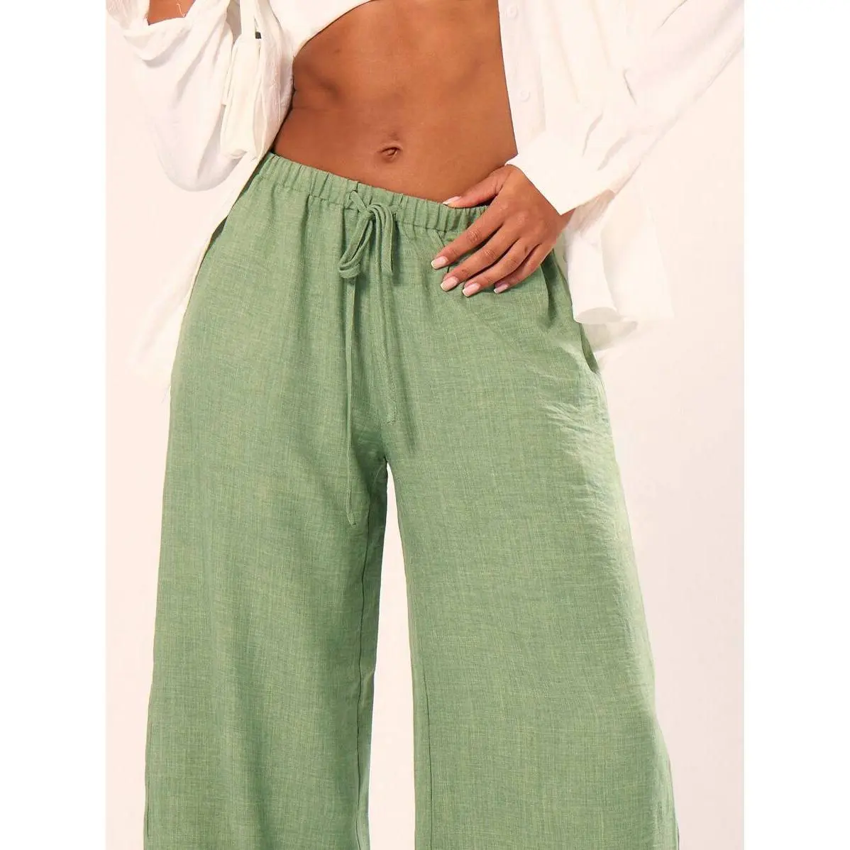 MUSERA Holiday Textured Linen Feel Tie Waist Trousers Vacation Summer Elegant Beachwear Boho Casual Airport Spring